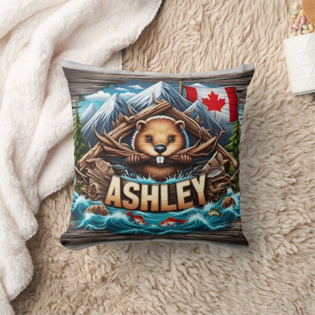 Canadian Beaver Holding Branches by Riverbank Cushion (Blanket)