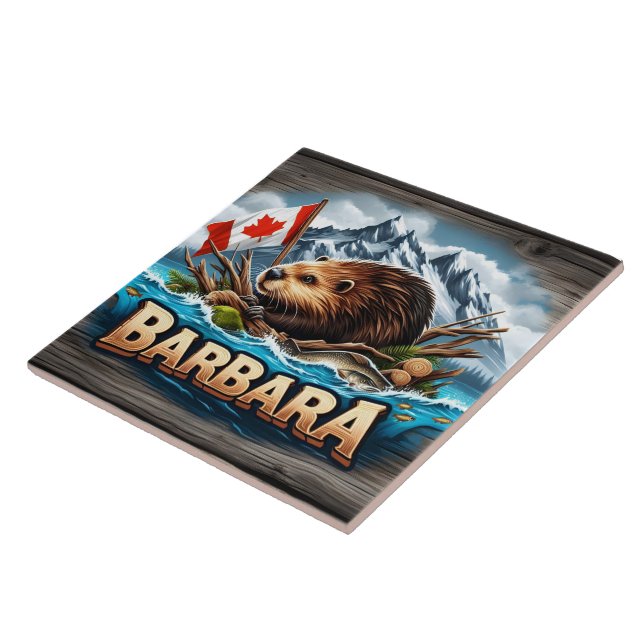Canadian Beaver Holding Flag Near Mountains Tile (Side)