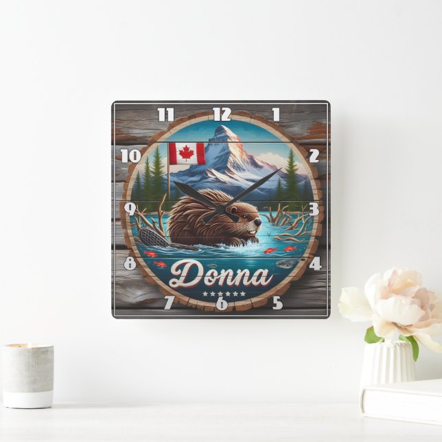 Canadian Beaver in Forest Pond With Mountains Square Wall Clock (Home)