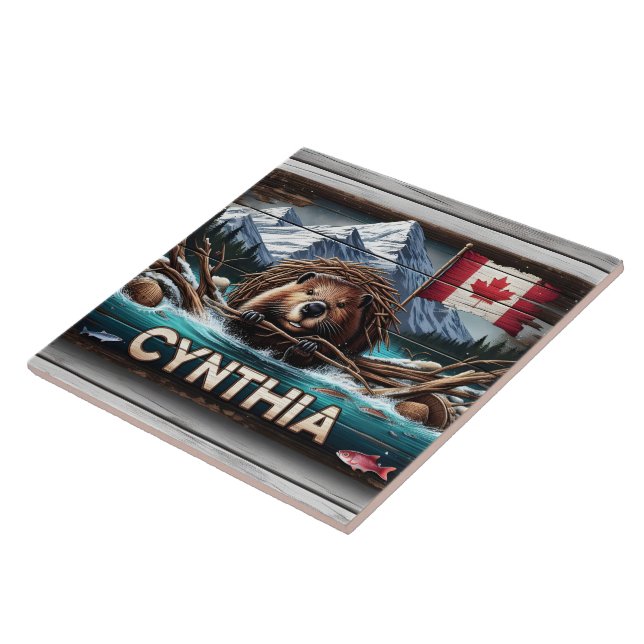 Canadian Beaver in Front of Mountains and Flag Tile (Side)