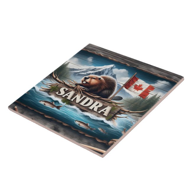 Canadian Beaver in Scenic River With Flag Tile (Side)
