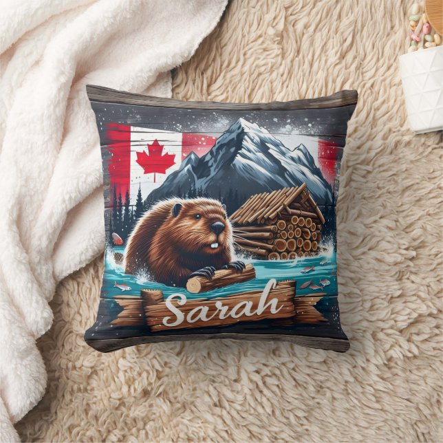 Canadian Beaver in Water With Logs Near Mountains Cushion (Blanket)