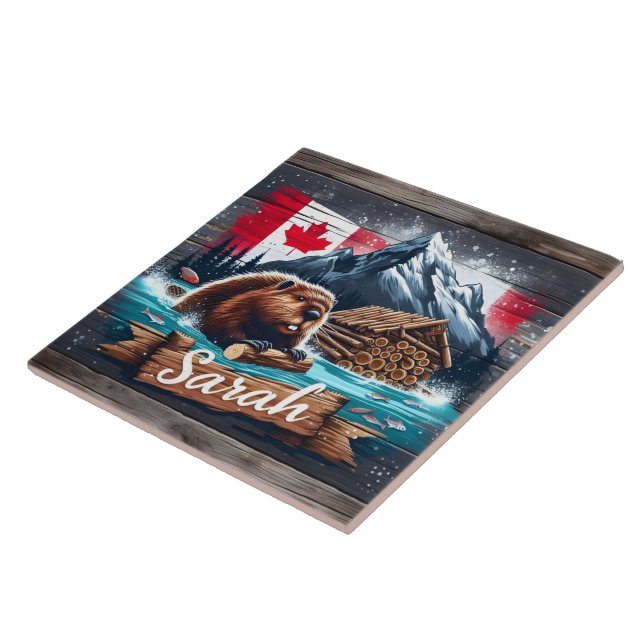 Canadian Beaver in Water With Logs Near Mountains Tile (Side)