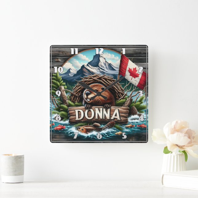 Canadian Beaver Near Lake With Rocky Mountains Square Wall Clock (Home)