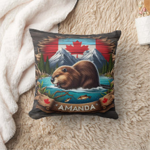 Canadian Beaver Near Mountains and Maple Leaf Cushion