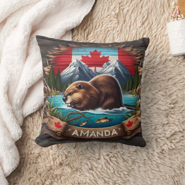 Canadian Beaver Near Mountains and Maple Leaf Cushion (Blanket)