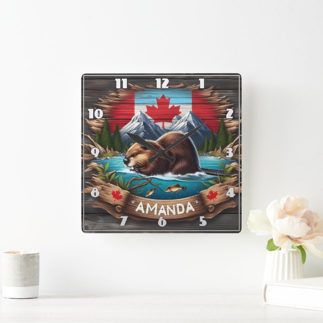 Canadian Beaver Near Mountains and Maple Leaf Square Wall Clock (Home)
