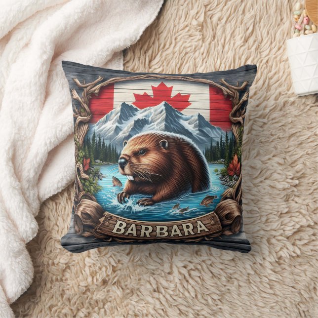 Canadian Beaver Near Mountains and Maple Leaves Cushion (Blanket)