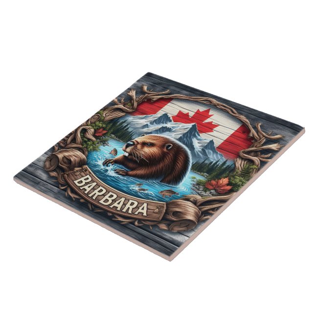 Canadian Beaver Near Mountains and Maple Leaves Tile (Side)