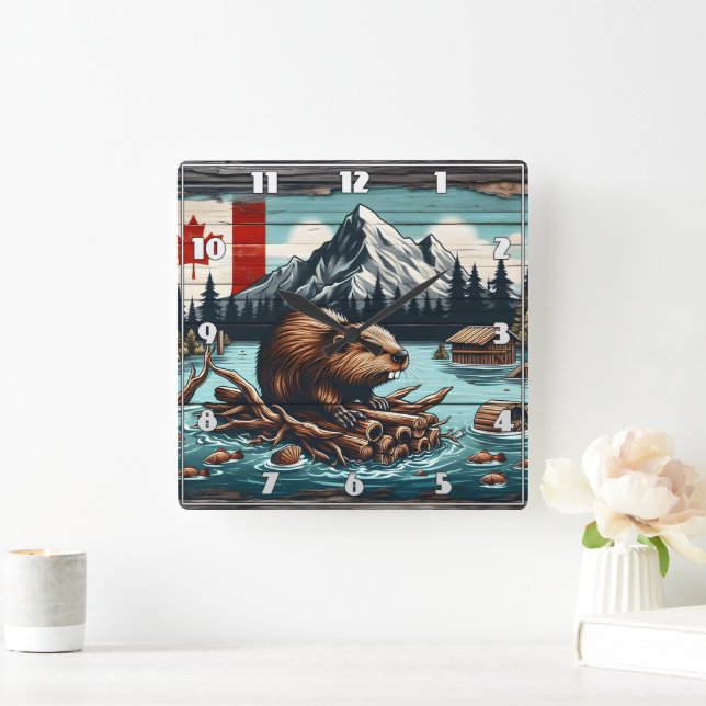 Canadian Beaver on a Log by Lake With Mountains Square Wall Clock (Home)