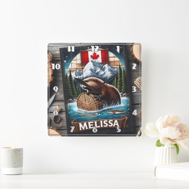 Canadian Beaver on Log With Mountain Background Square Wall Clock (Home)