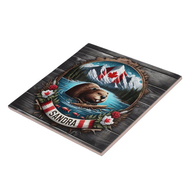 Canadian Beaver Swimming in Clear Mountain Lake Tile (Side)