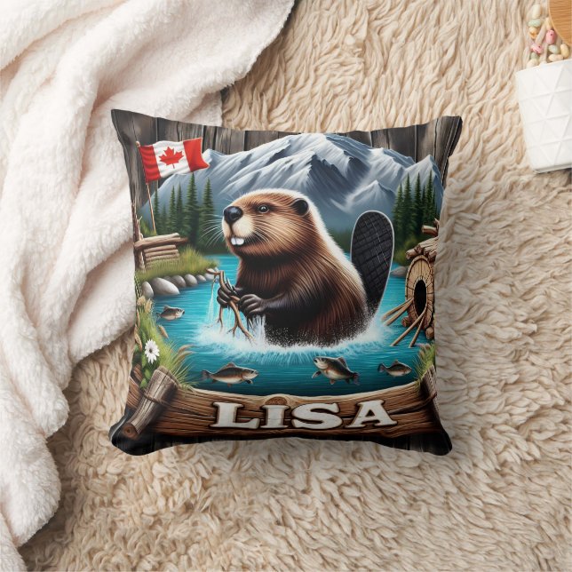 Canadian Beaver The Near Mountain In A Lake Cushion (Blanket)