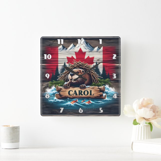 Canadian Beaver With Canadian Flag Background Square Wall Clock (Home)