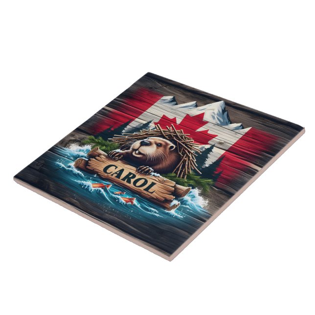 Canadian Beaver With Canadian Flag Background Tile (Side)