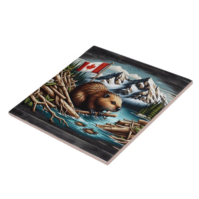 Canadian Beaver With Flag by Mountain River Tile (Side)