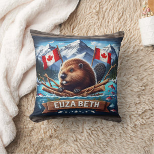 Canadian Beaver With Flags in Mountain Setting Cushion