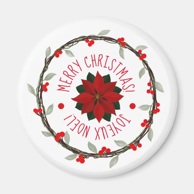 Canadian Bi-Lingual Christmas Poinsettia Wreath Magnet (Front)