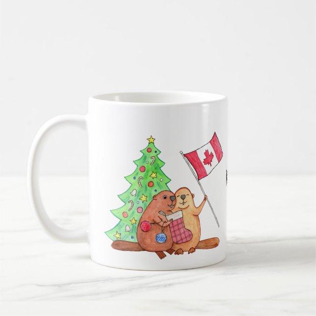 Canadian Christmas Gift Beaver Custom Name Holiday Coffee Mug (Left)