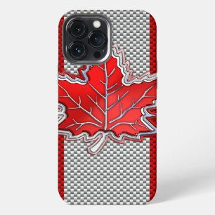 Canadian Chrome Maple Leaf on Carbon Fibre Styles iPhone 13 Pro Max Case