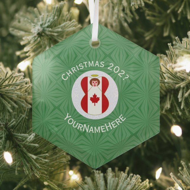 Canadian Flag Christmas Angel Name Year Hexagon Glass Tree Decoration (Insitu)