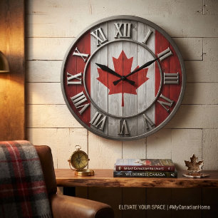 Canadian Flag Rustic Wood Grain Large Clock