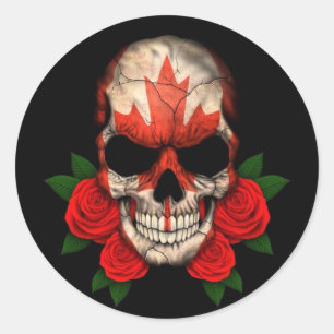 Canadian Flag Skull with Red Roses Classic Round Sticker
