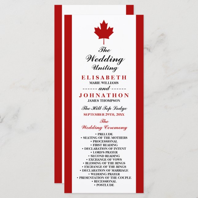 Canadian Flag Wedding Programme (Front/Back)