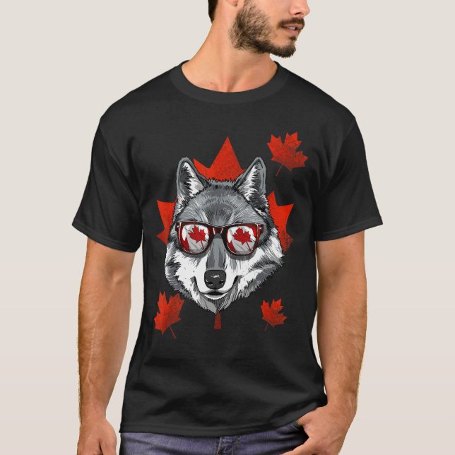 Canadian Grey Wolf Maple Tree Leaf Canada Flag Ani T-Shirt (Front)