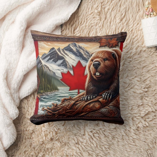Canadian Landscape With Beaver and Maple Leaf Cushion (Blanket)