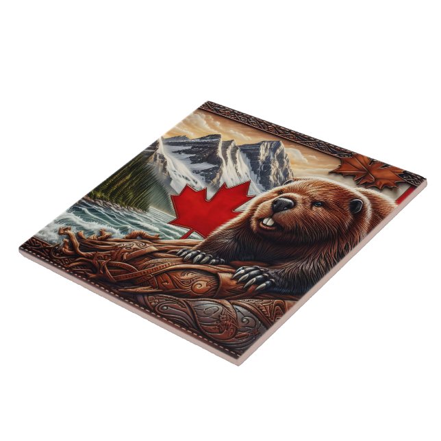 Canadian Landscape With Beaver and Maple Leaf Tile (Side)
