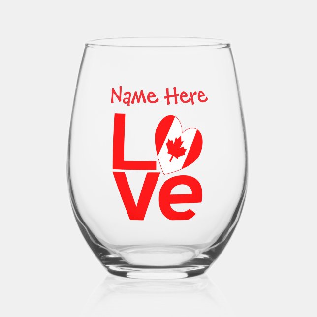 Canadian LOVE Red Personalised Stemless Wine Glass (Front)