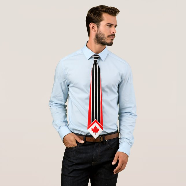 Canadian Maple on Red Black White Pinstripe Tie (In Situ)