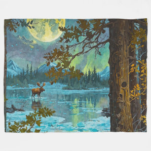 Canadian Moose & Winter Moon Fleece Blanket