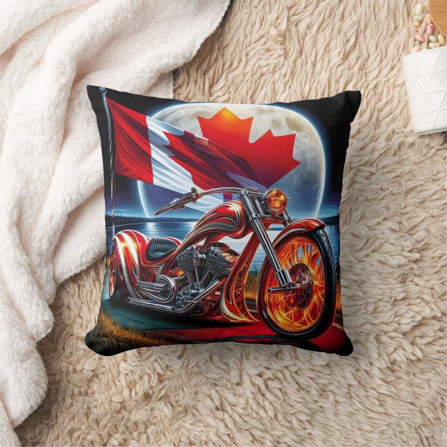 Canadian motorcycle with flag under a full moon cushion (Blanket)