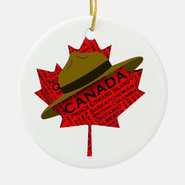 Canadian Mountie Hat on Red Maple Leaf Ceramic Tree Decoration (Front)