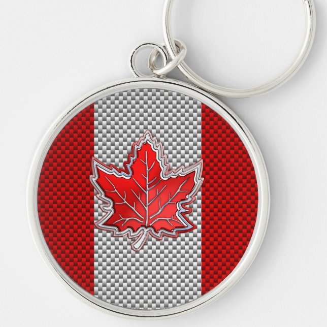 Canadian Red Maple Leaf Carbon Fibre retro style Key Ring (Front)