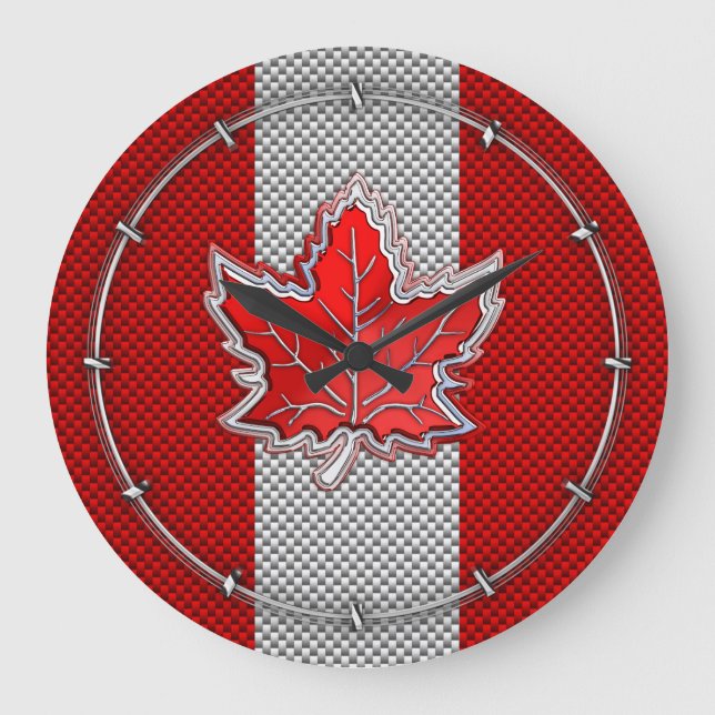 Canadian Red Maple Leaf in Carbon Fibre looks Large Clock (Front)