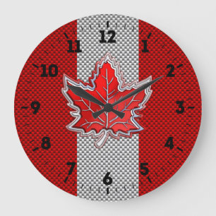 Canadian Red Maple Leaf in Carbon Fibre looks on a Large Clock