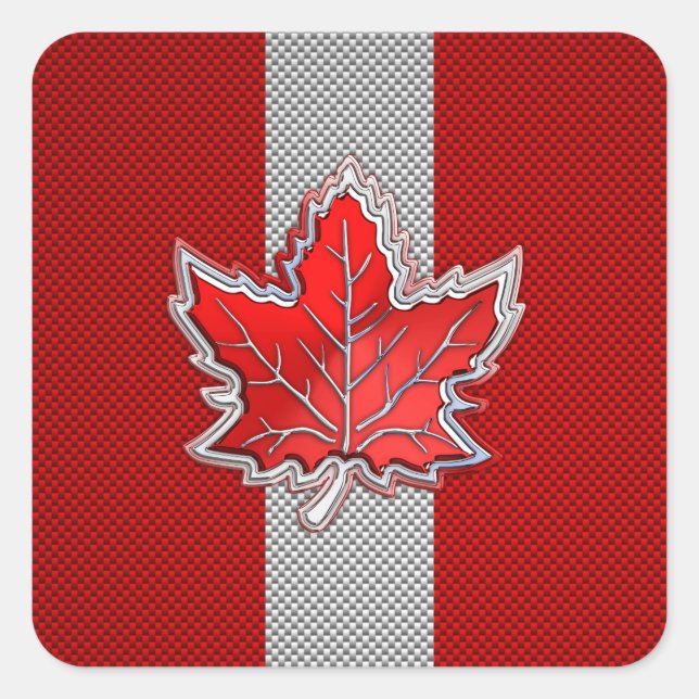 Canadian Red Maple Leaf on Carbon Fibre style Square Sticker (Front)