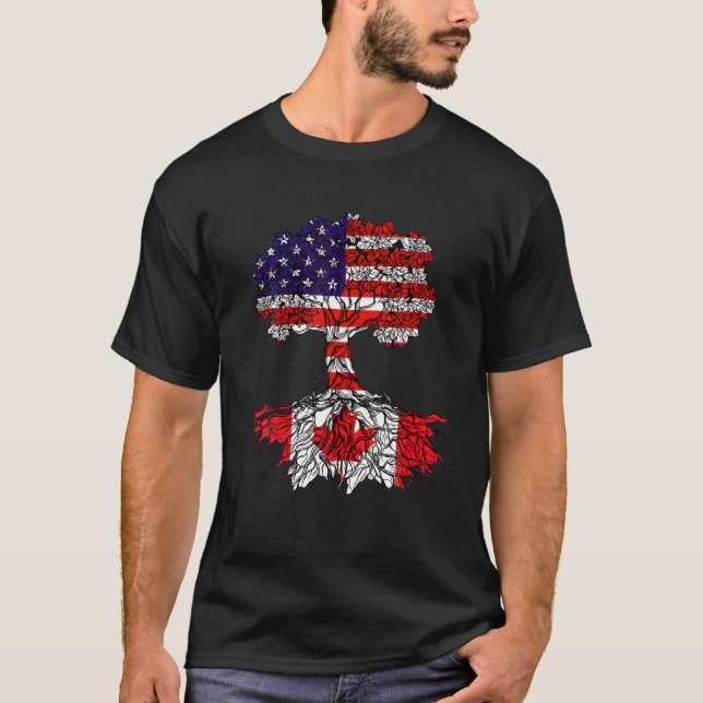 Canadian Roots American Grown Pride Love USA Flag T-Shirt (Front)
