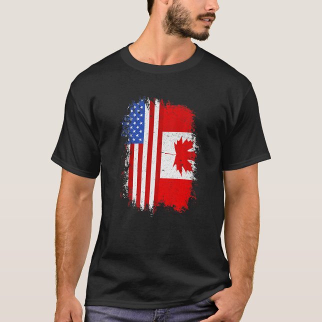 Canadian Roots Half American Flag Canada T-Shirt (Front)