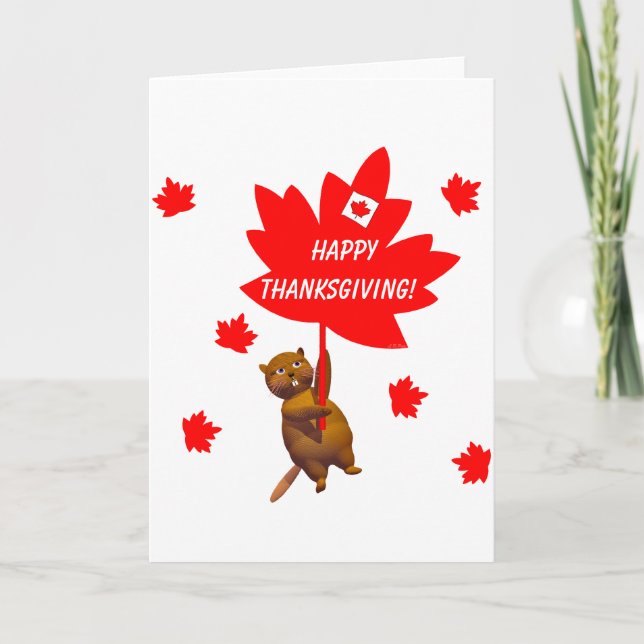 Canadian Thanksgiving Beaver and Maple Leaves Holiday Card (Front)
