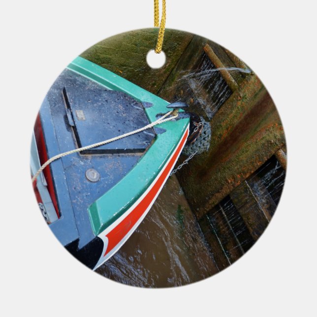 Canal Boat In Lock Ceramic Tree Decoration (Front)