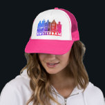 Canal House Pink Amsterdam Holland Dutch Travel Trucker Hat<br><div class="desc">Show your love for Holland with this sweet whimsical Amsterdam houses pattern art tee. Makes a great birthday gift! You can customise it and add or change the text too. Check my shop for lots more colours and patterns! And more matching items too like totes,  tees,  stickers and mugs.</div>