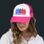 Canal House Pink Amsterdam Holland Dutch Travel Trucker Hat<br><div class="desc">Show your love for Holland with this sweet whimsical Amsterdam houses pattern art tee. Makes a great birthday gift! You can customise it and add or change the text too. Check my shop for lots more colours and patterns! And more matching items too like totes,  tees,  stickers and mugs.</div>