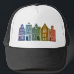 Canal House Rainbow Amsterdam Holland Dutch Travel Trucker Hat<br><div class="desc">Show your love for Holland with this sweet whimsical Amsterdam houses pattern art tee. Makes a great birthday gift! You can customise it and add or change the text too. Check my shop for lots more colours and patterns! And more matching items too like totes,  tees,  stickers and mugs.</div>