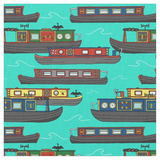 Canal Narrow Boats and Barges Pattern Fabric (Close Up)