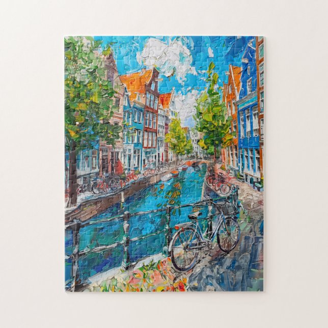 Canal with Bicycles and Colorful Houses Painting Jigsaw Puzzle (Vertical)