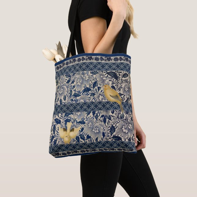 Canaries on Blue Chinoiserie Design Tote Bag (Close Up)